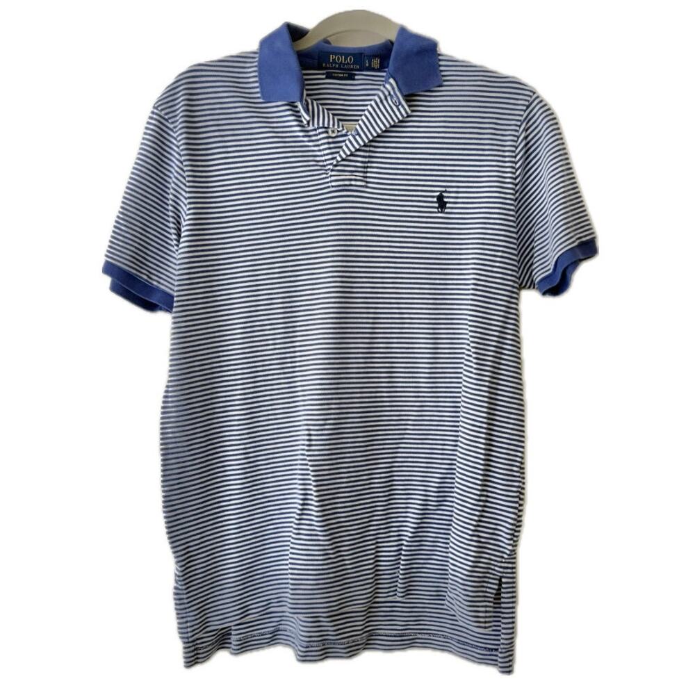 Ralph Lauren Indigo BlueStripe Custom Fit Pony Short Sleeve Polo Large Preppy
